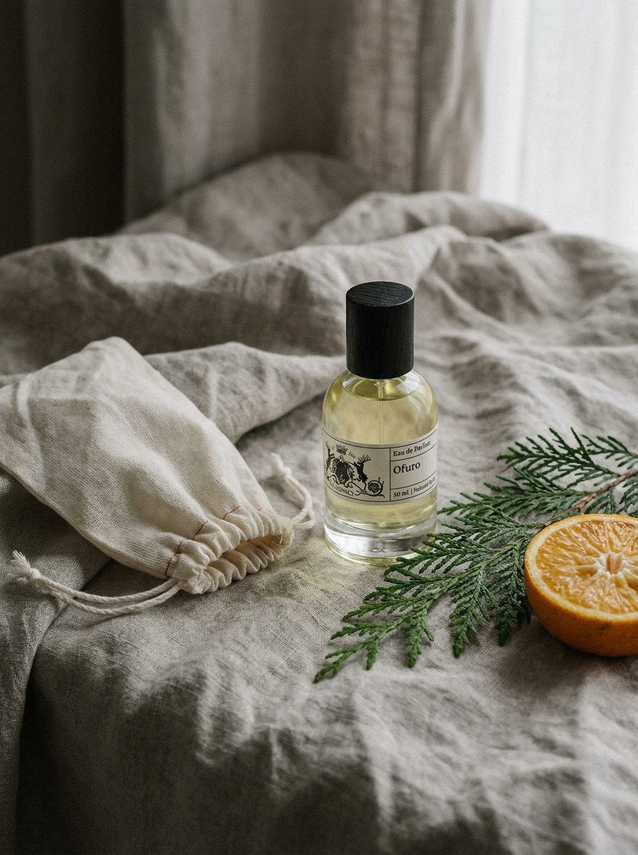 A bottle beside its muslin bag on linen with cedar and bitter orange