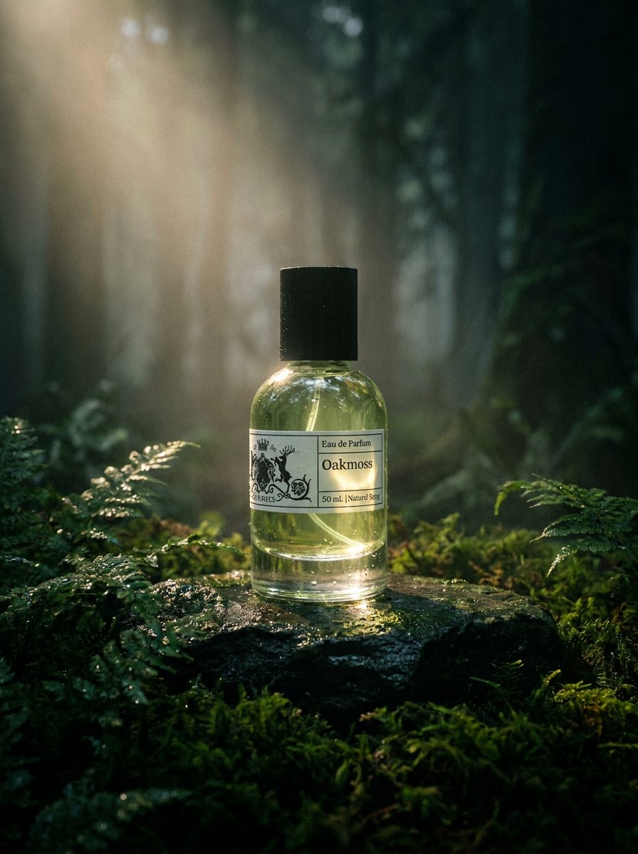 A bottle of Oakmoss on a moss-covered stone in a misty forest, lit by a shaft of light