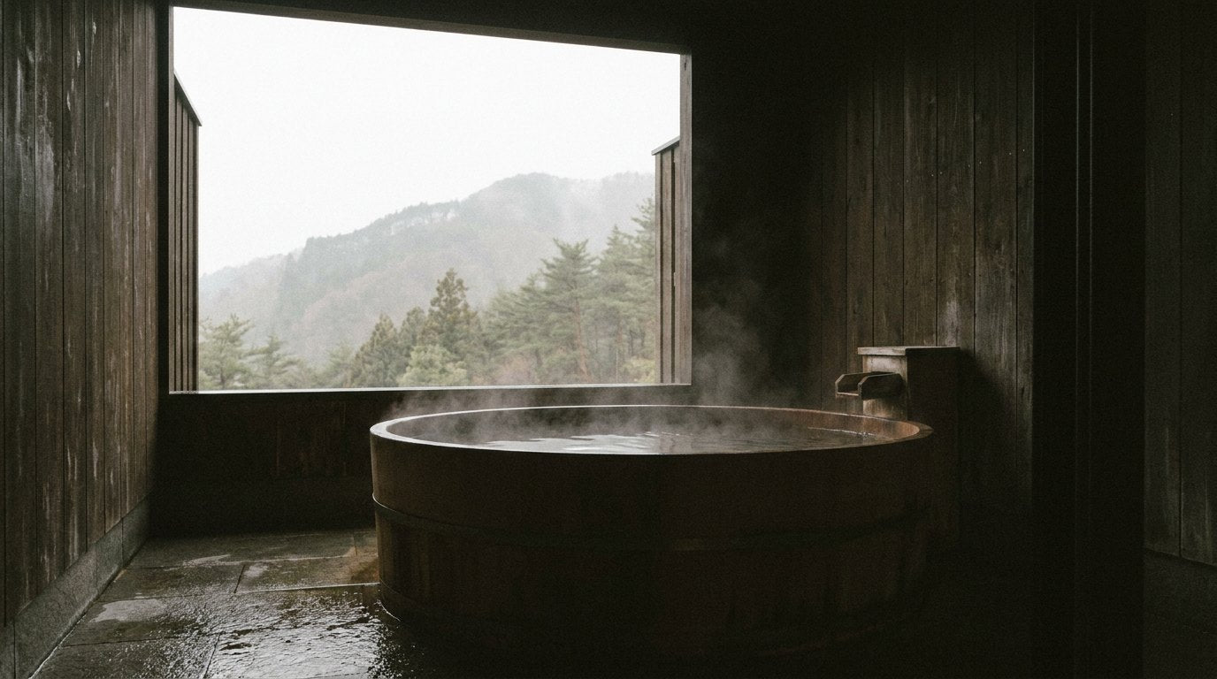 A steaming cedar soaking tub in a dark wooden bathhouse, a window open to misty mountain forest